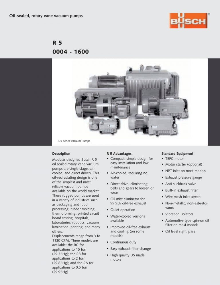 Busch R 5 0004-1600 Oil-Sealed Rotary Vane Vacuum Pumps Brochure