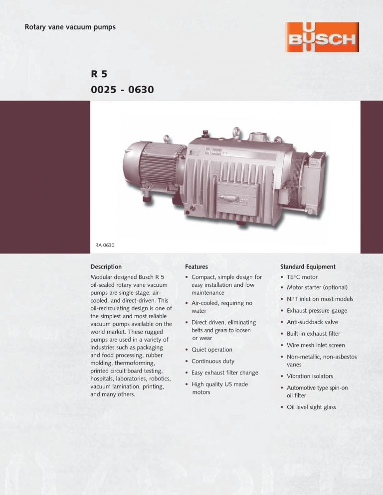 Busch R 5 0025 – 0630 Rotary Vane Vacuum Pumps Brochure
