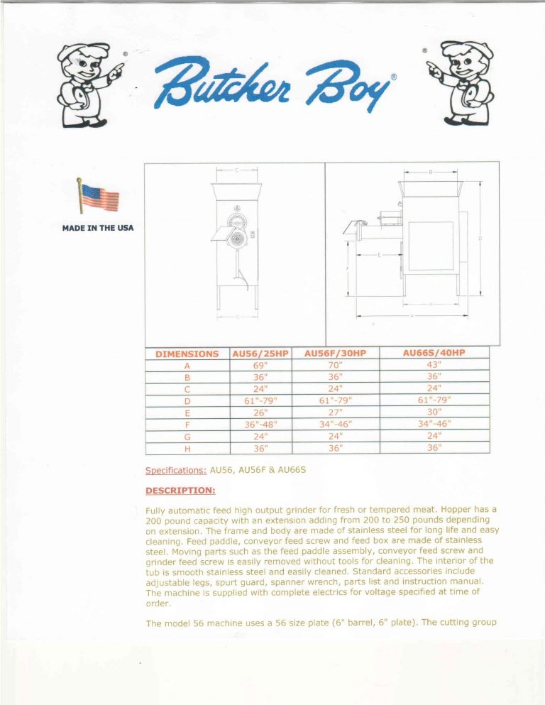 Butcher Boy AU56/AU56F/AU66S Meat Grinders Brochure