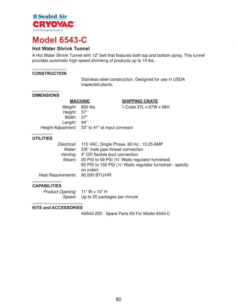 Cryovac 6543-C Hot Water Shrink Tunnel Brochure