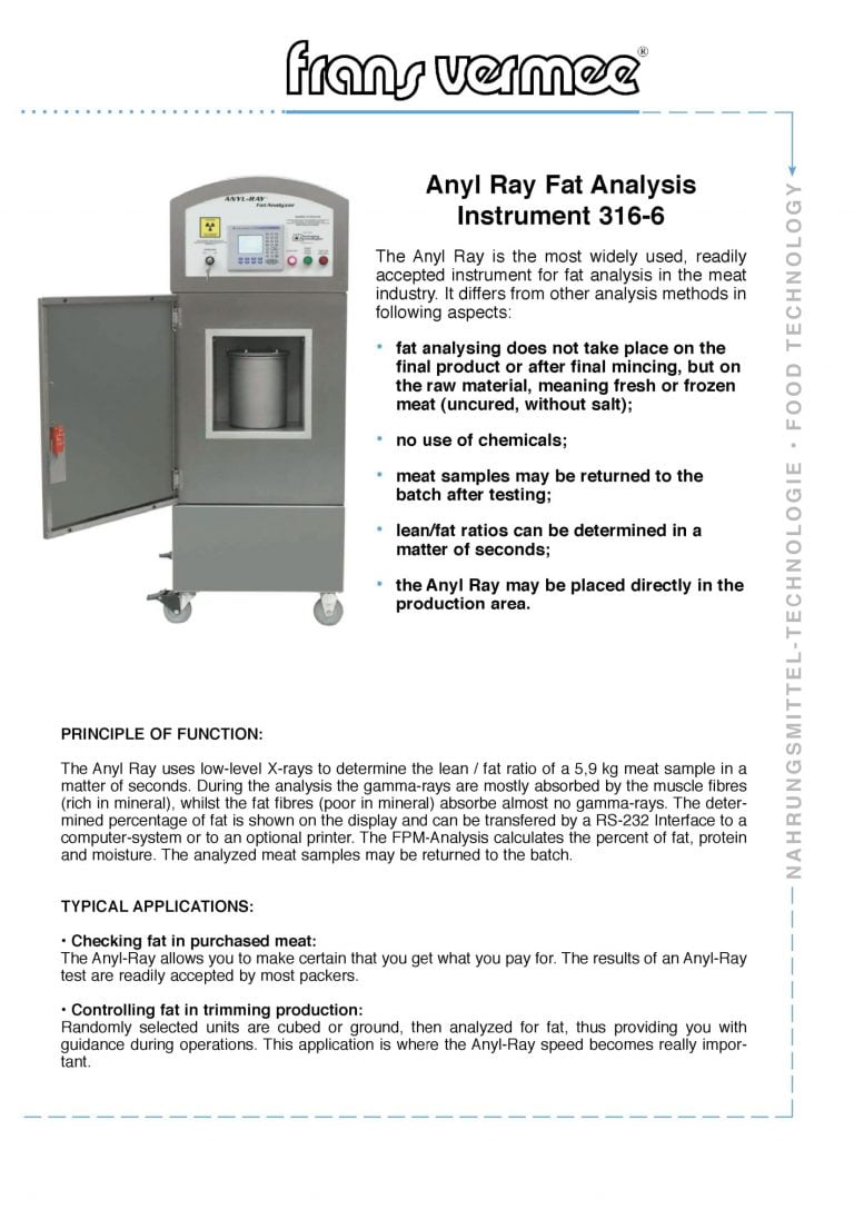 Frans Vermee 316-6 Anyl Ray Fat Analysis Instrument Brochure