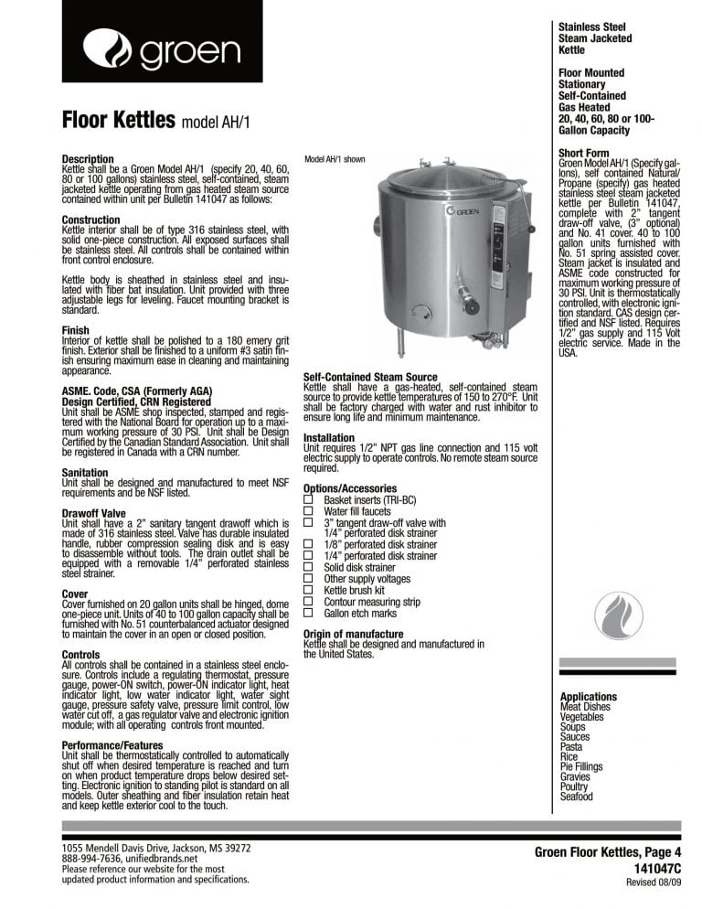Groen AH/1 Floor Kettles Brochure