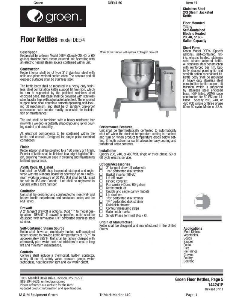 Groen DEE/4 Floor Kettles Brochure