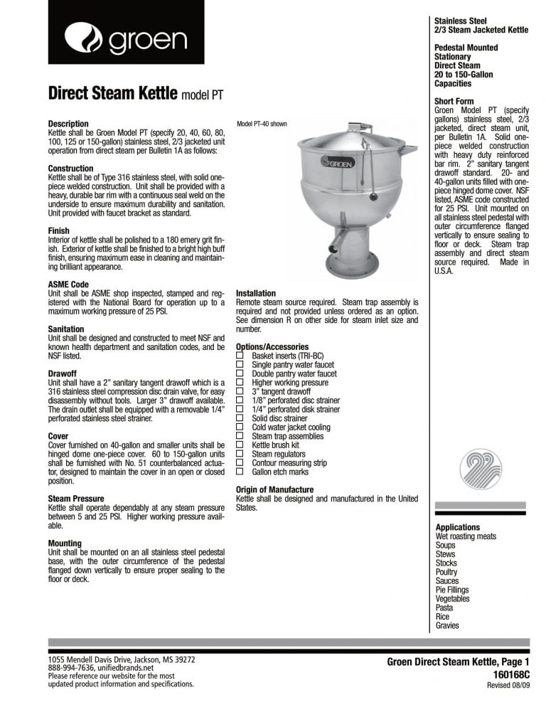 Groen PT Series Direct Steam Kettle Brochure