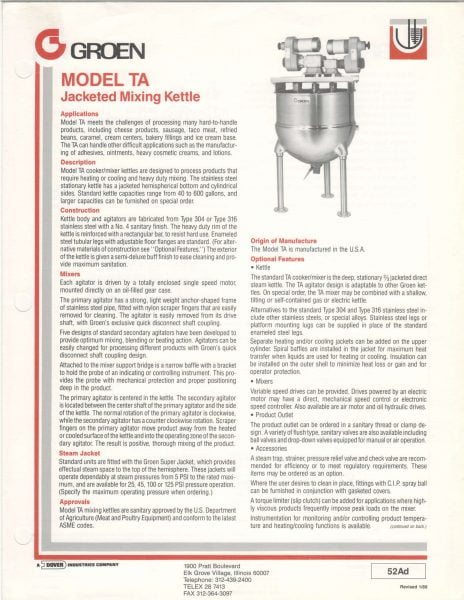 Groen TA Jacketed Mixing Kettle Brochure | M&M Equipment Corp