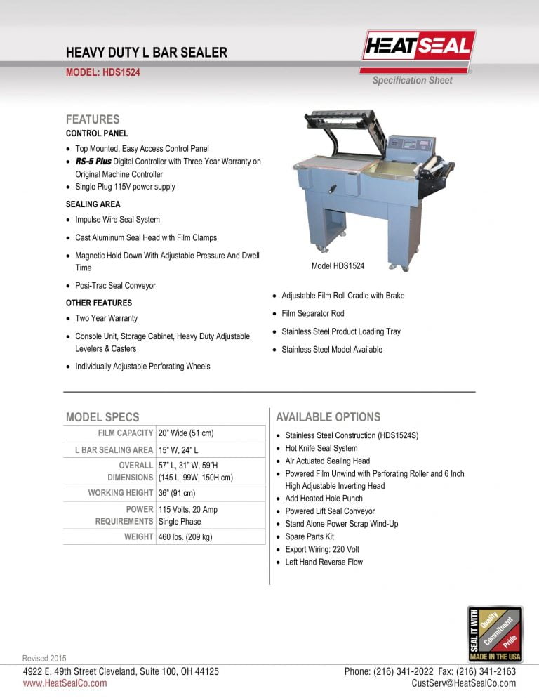 Heat Seal HDS1524 Heavy Duty L Bar Sealer Brochure