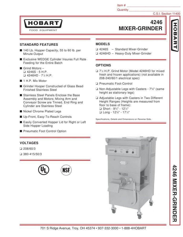 Hobart Mixer Spec Sheet at Glenn Vo blog