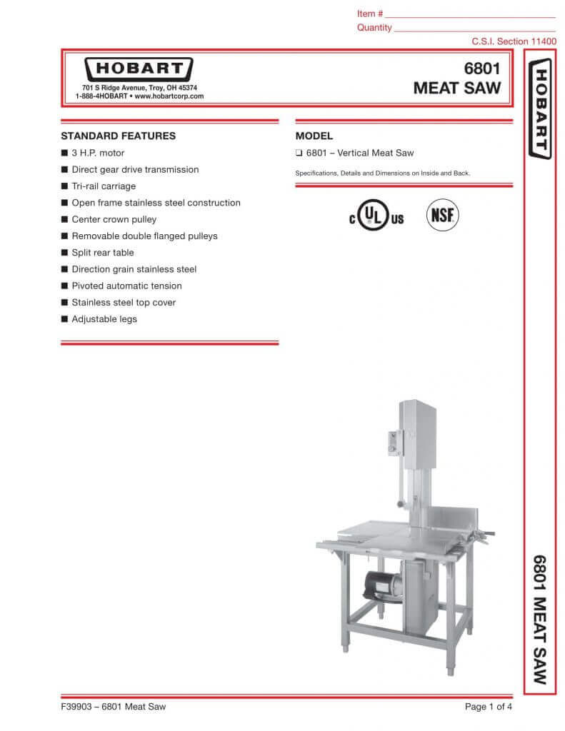 Hobart 6801 Meat Saw M&M Equipment Corp