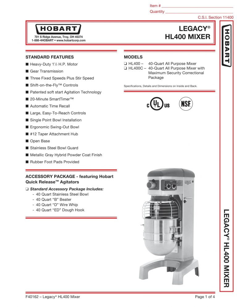 Hobart Legacy HL400 Mixer Brochure