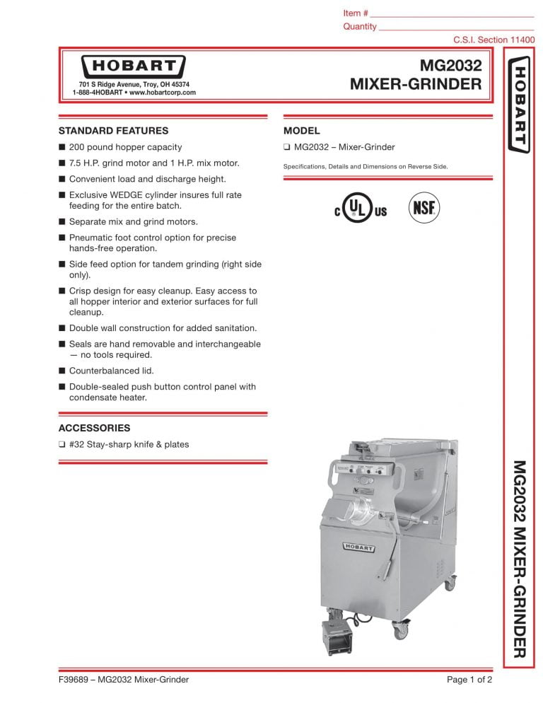 Hobart MG2032 Mixer-Grinder Brochure
