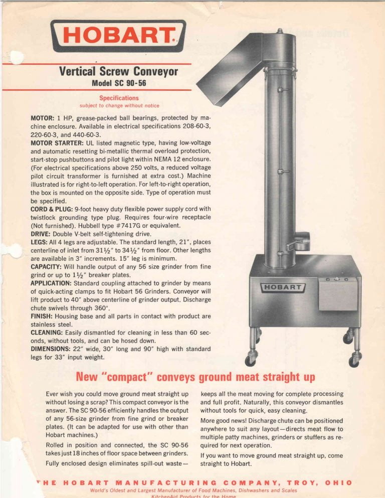 Hobart SC 90-56 Vertical Screw Conveyor Brochure