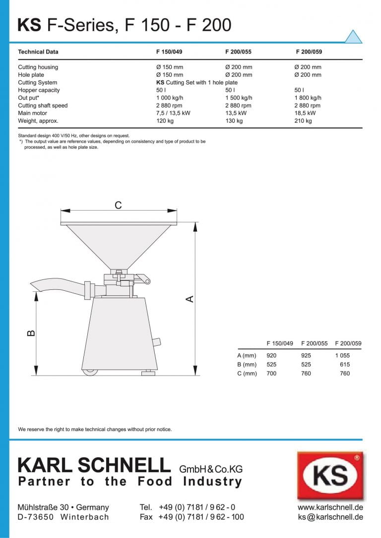Karl Schnell KS F-Series F150-F200 Meat Emulsifier Brochure