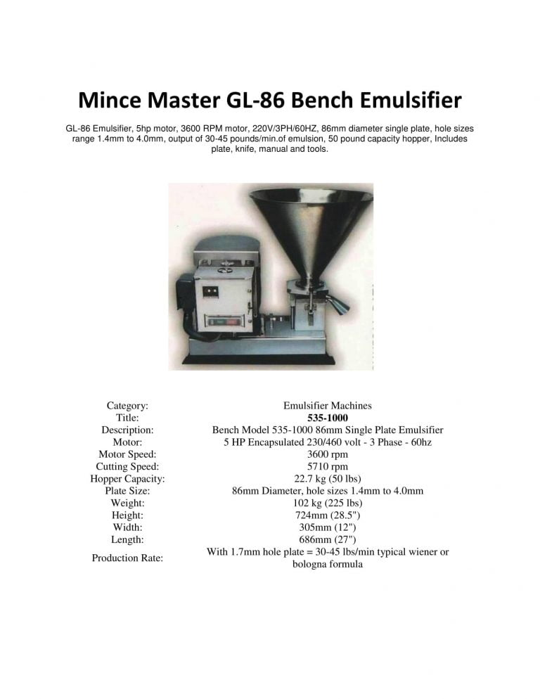 Mince Master GL-86 Bench Emulsifier Brochure