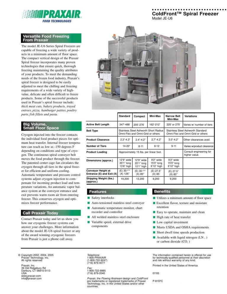Praxair JE-U6 ColdFront Spiral Freezer Brochure