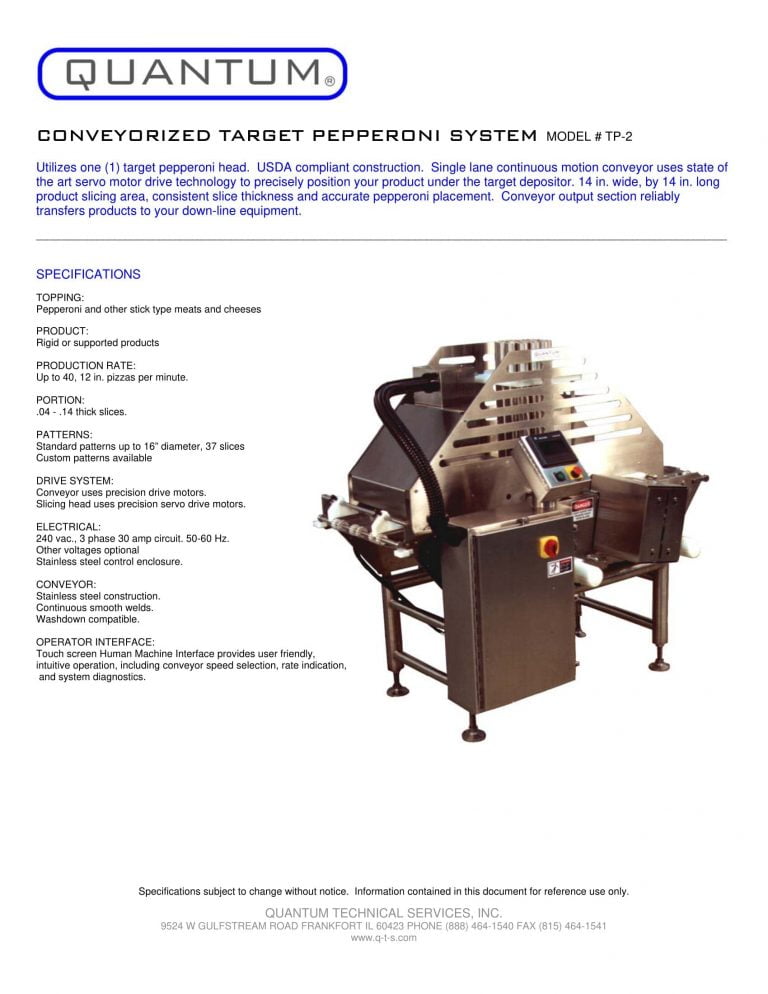 Quantum TP-2 Conveyorized Target Pepperoni System Brochure