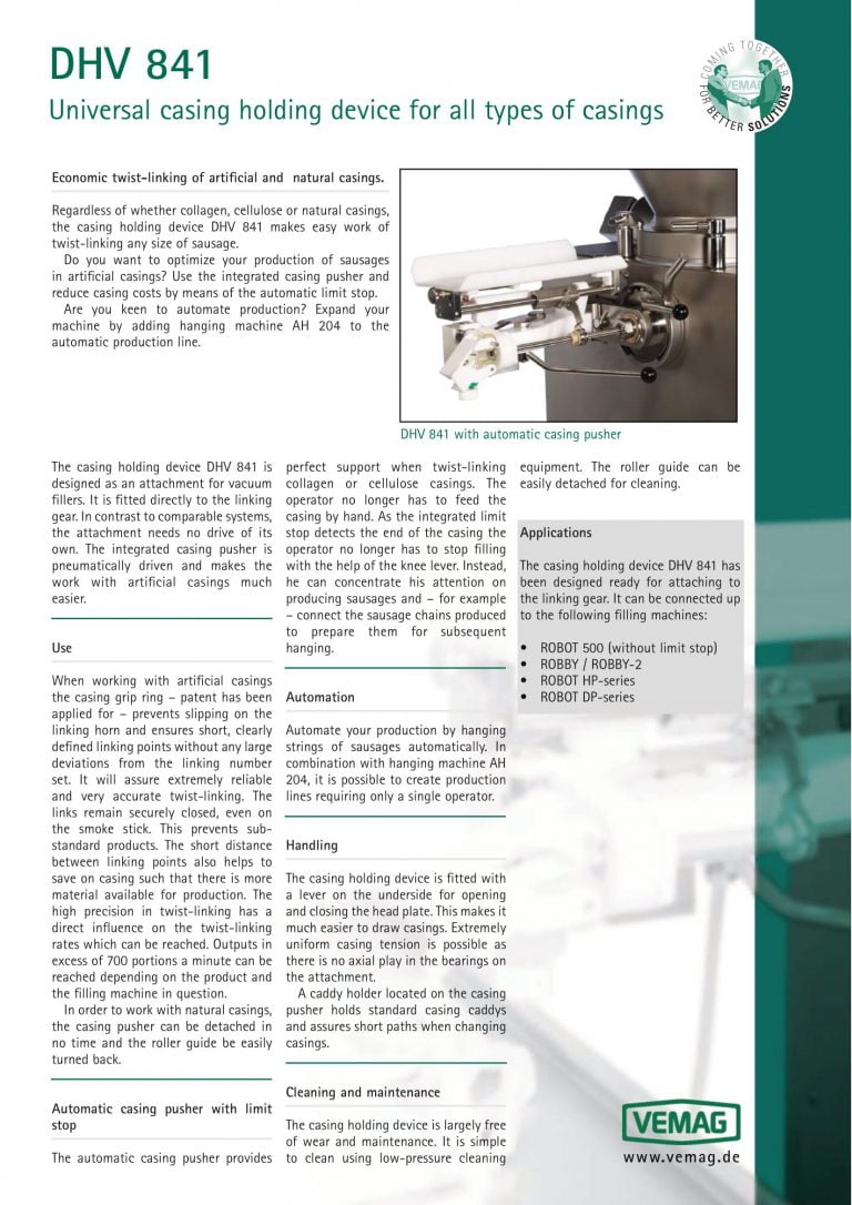 Vemag DHV 841 Casing Holding Device Brochure