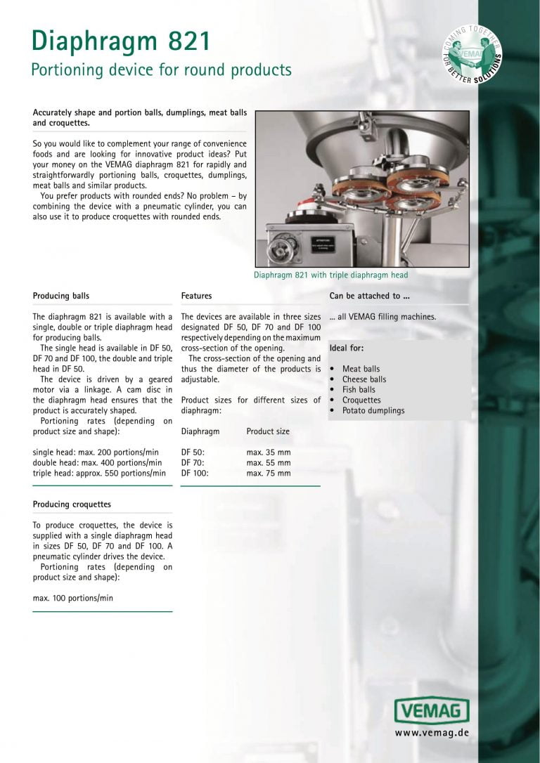 Vemag Diaphragm 821 Portioning Device Brochure