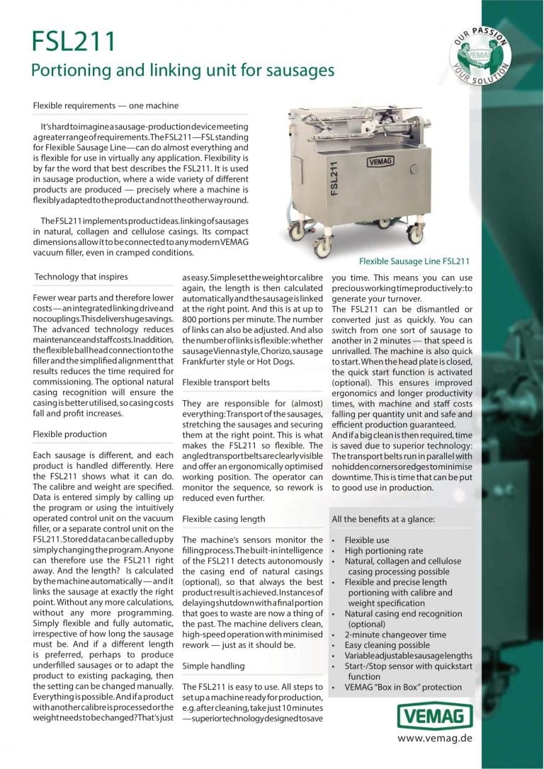 Vemag FSL211 Portioning And Linking Unit For Sausage Brochure