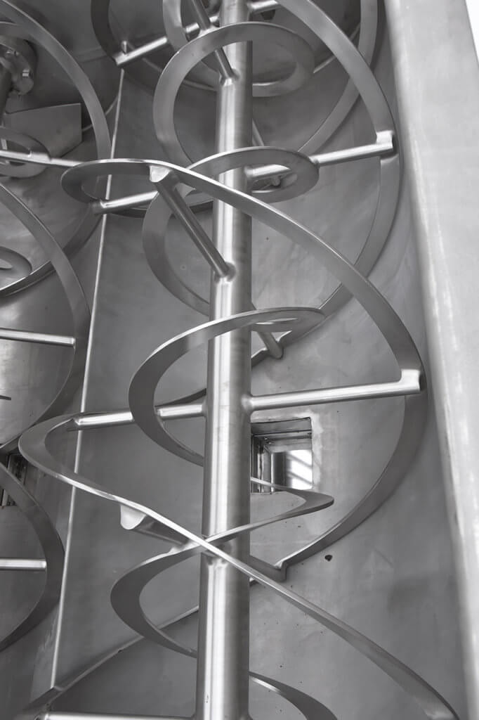 Used DOUBLE RIBBON BLENDER, 60 cubic foot, food grade, stainless steel, twin-shaft, with 6 inch slide-gate discharges for mixing granular, particulate food products, Alard item Y0850.